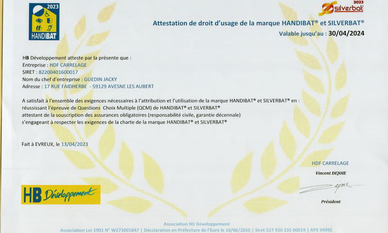 Certification Handibat artisan carreleur à Avesnes-les-Aubert